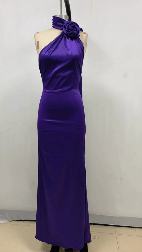 SATIN WRAP HALTER GOWN WITH FLOWER IN PURPLE