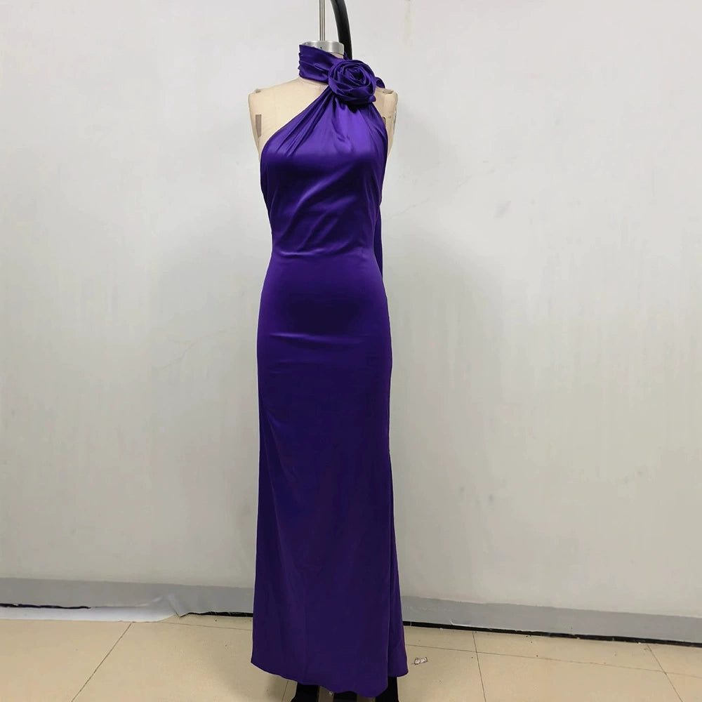 AIIZIE SATIN WRAP HALTER GOWN WITH FLOWER IN PURPLE - product image