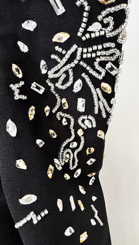 CRYSTAL EMBELLISHED OFF-SHOULDER GOWN IN BLACK