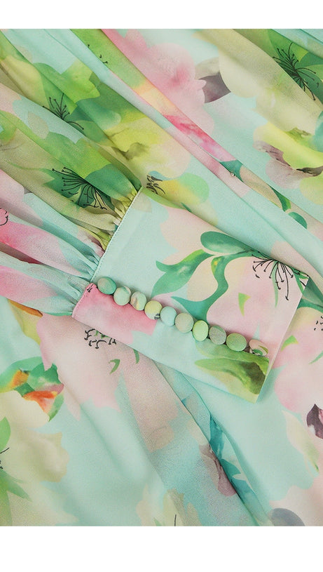 GREEN LONG-SLEEVED FLORAL MAXI DRESS