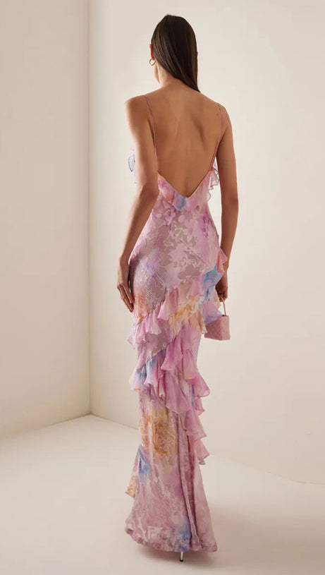 Gerüschtes, farbiges Camisole-Midikleid in Pink