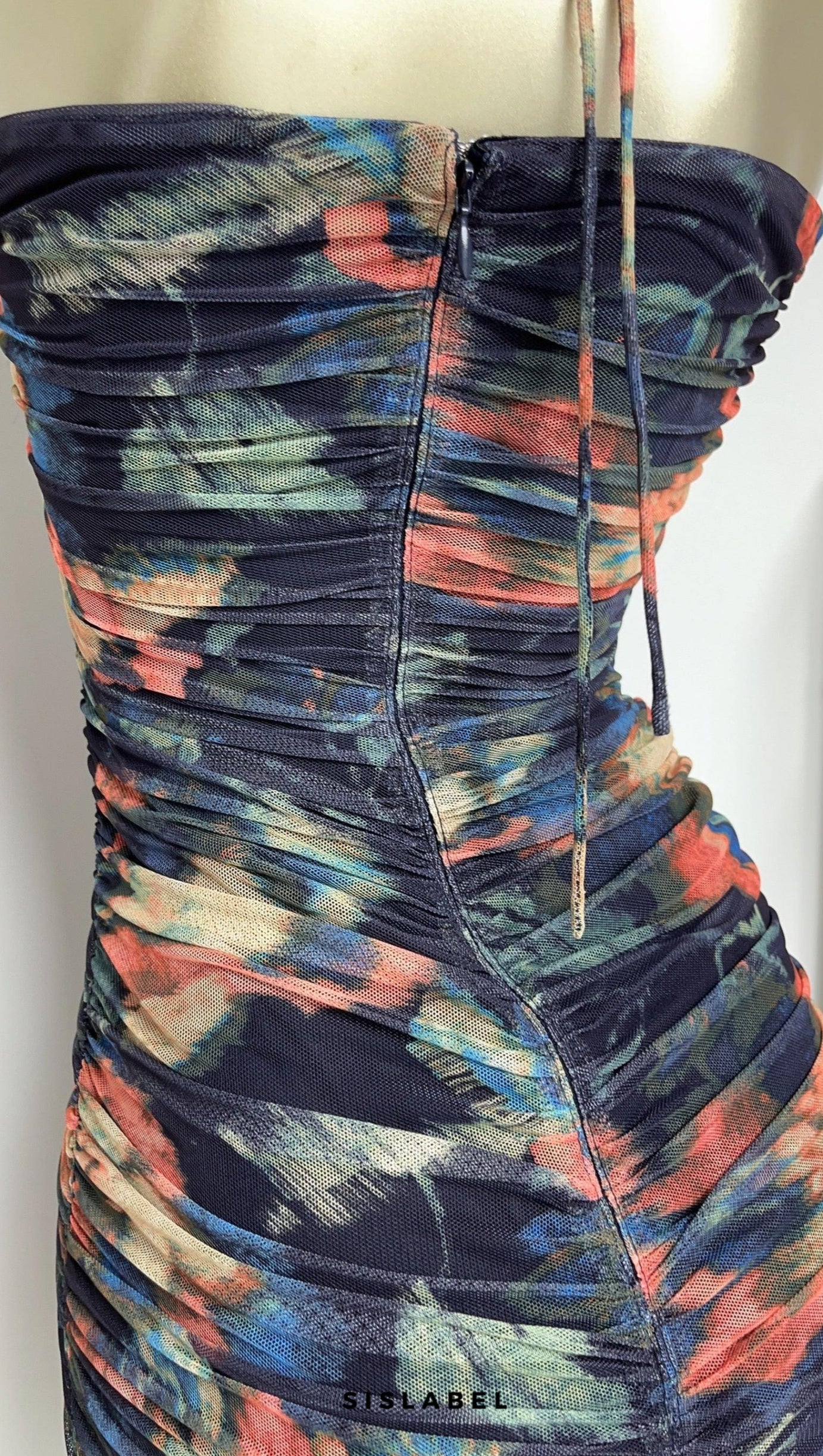 MULTICOLOR FLORAL PRINT PLEATED BODYCON MINI DRESS