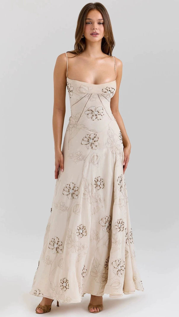Vintage embroidered hollow slip maxi dress - white
