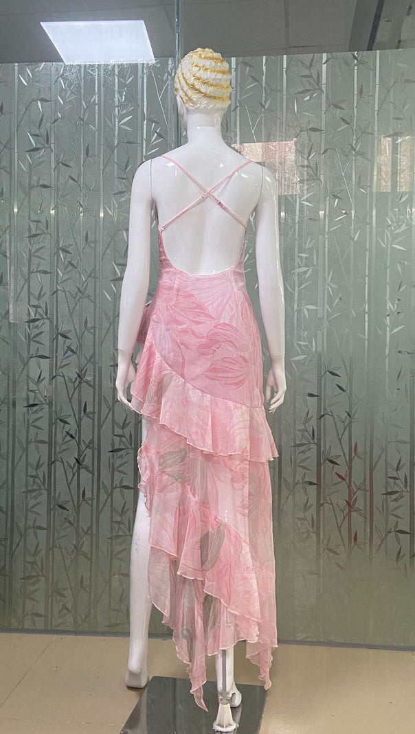 AIIZIE ARES FLORAL-PRINT RUFFLED SILK MIDI DRESS IN PINK - product image