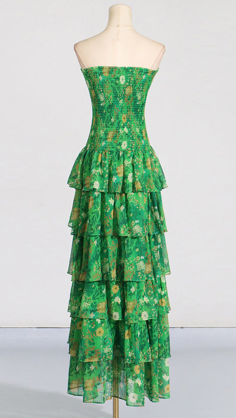 STRAPLESS LAYERED BANDEAU FLORAL PRINT MAXI DRESS IN GREEN