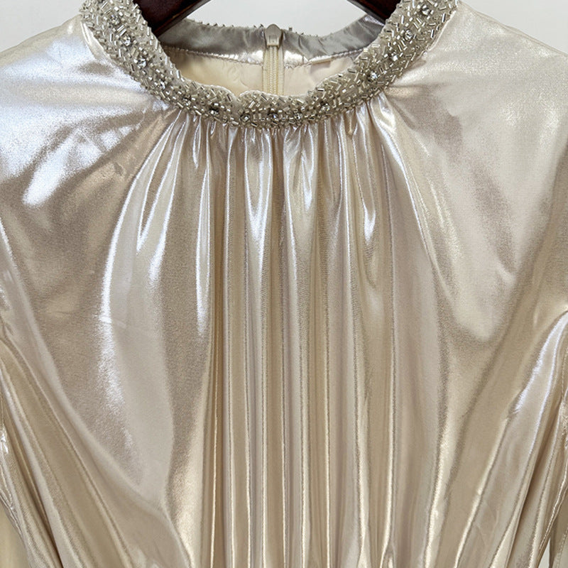 nail beaded slip sleeve pleated long dress