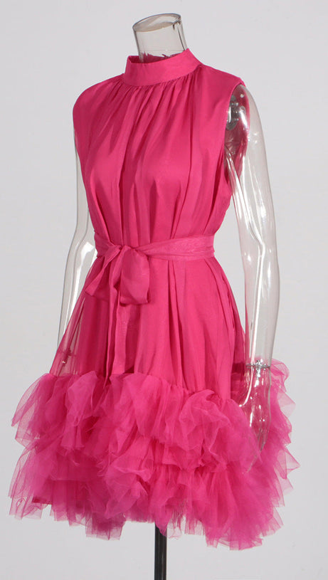 HALF-HIGH-NECKLINE TULLE MINI DRESS IN PINK