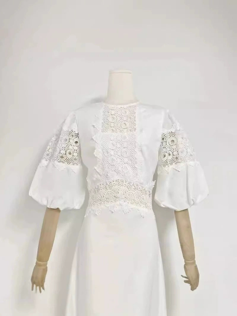 AIIZIE HAZEL WHITE EMBROIDERED ROUND NECK PUFF SLEEVE MIDI DRESS - product image