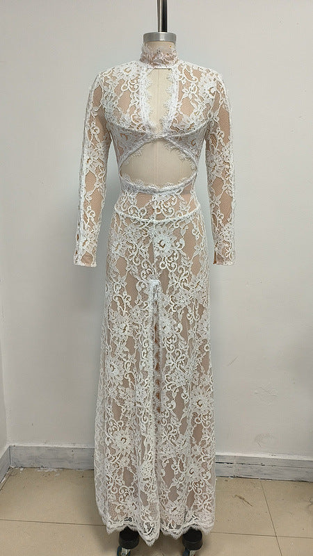 V-NECK LONG-SLEEVED LACE SHEER MAXI DRESS WHITE
