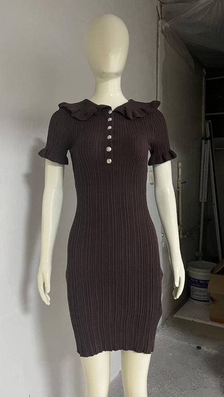 COFFEE RUFFLED KNITTED MINI DRESS