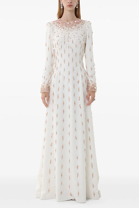 Ivory Beaded Maxi Dress Long Sleeve Rose Gold Gown