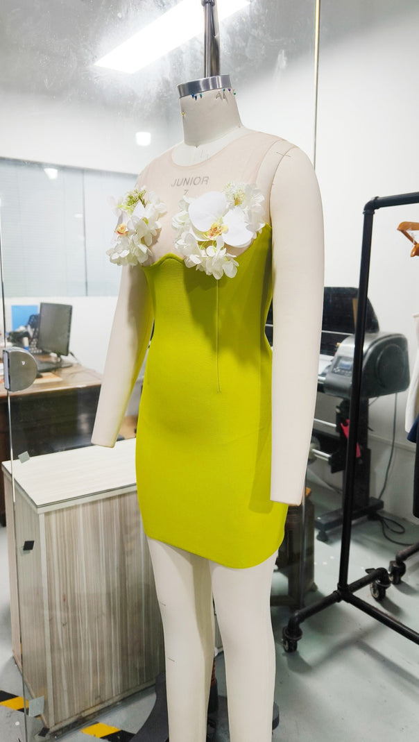 AIIZIE FLORAL YELLOW-GREEN TIGHT BANDAGE MINI DRESS - product image