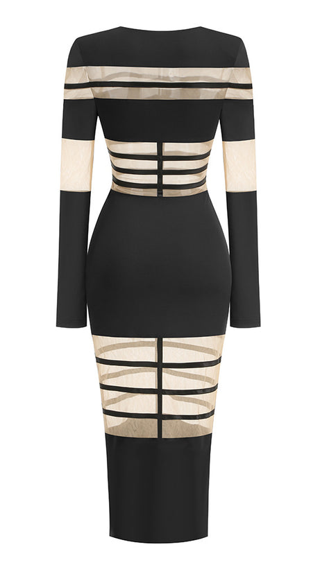 ABITO MIDI ADERENTE A MANICHE LUNGHE CON PANNELLI IN RETE NERA