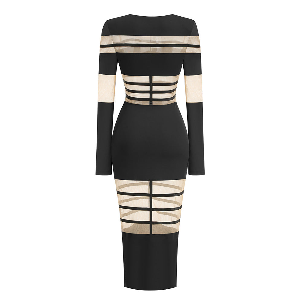 AIIZIE BLACK MESH - PANELED LONG - SLEEVE BODYCON MIDI DRESS - product image