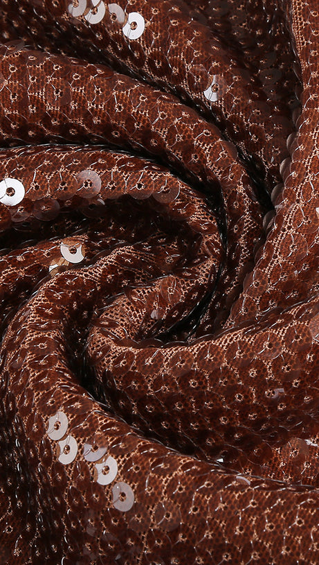 ABITO MIDI ADERENTE CON SCOLLO ALTO E PAILLETTES MARRONI