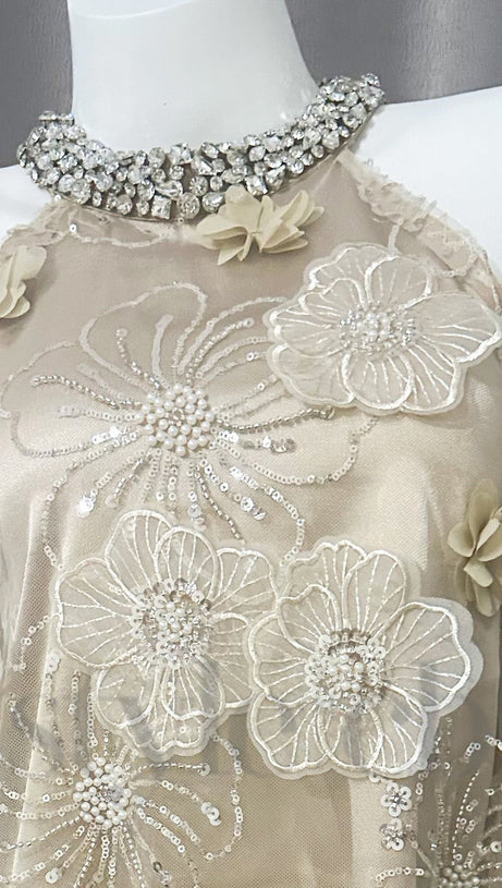 FLOWER EMBELLISHED MESH MINI DRESS