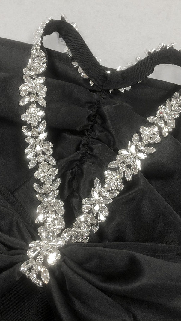 AIIZIE BLACK HEAVY DIAMOND HALTER MAXI DRESS - product image