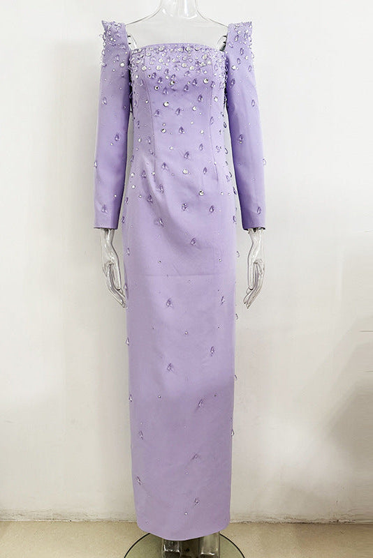 Purple Square Neck Long Sleeve Crystal Maxi Dress