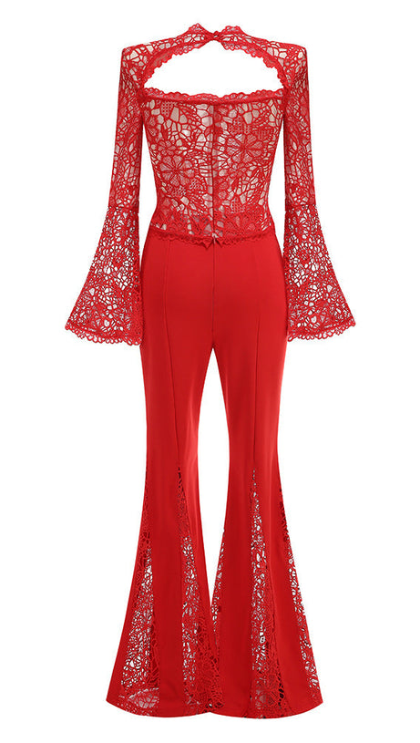 LACE-EMBELLISHED TRUMPET SLEEVE JUMPSUITS IN RED