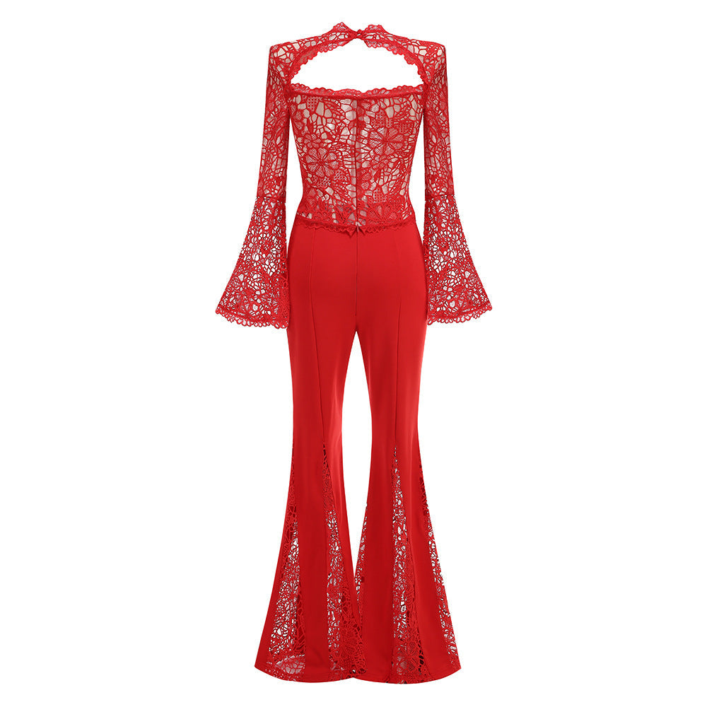 AIIZIE LACE-EMBELLISHED TRUMPET SLEEVE JUMPSUITS IN RED - product image