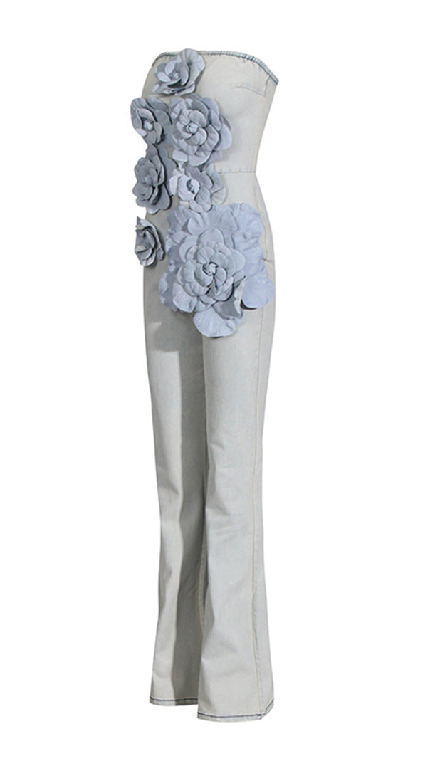 AIIZIE BERLIN FLORAL DENIM JUMPSUIT IN LIGHT WASH - product image