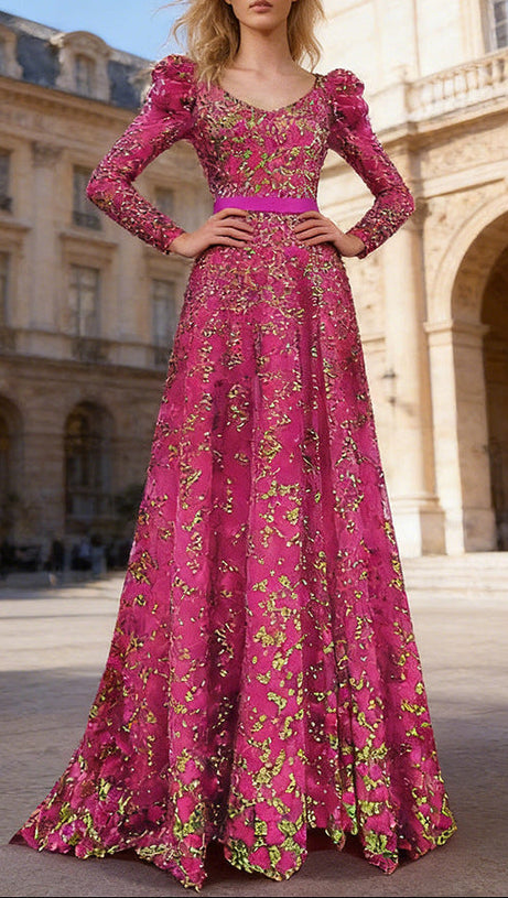 pink embroidered sequin long dress