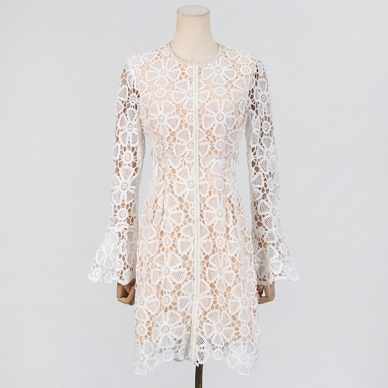EMBROIDERED HOLLOW MINI DRESS IN WHITE