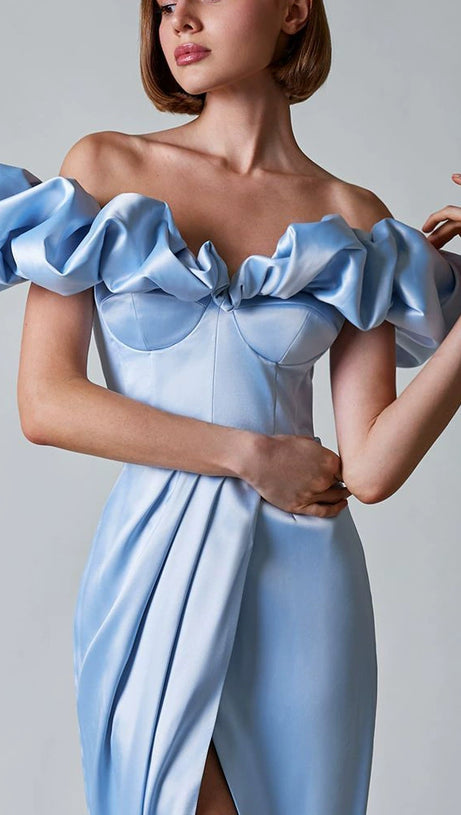 GLADYS BLUE CRYSTAL OFF-SHOULDER MAXI SPLIT DRESS