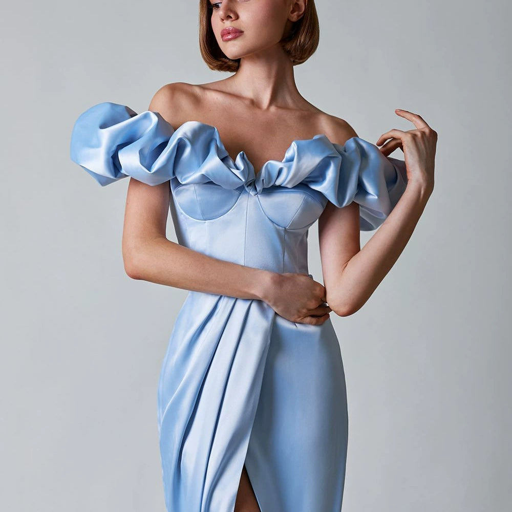 AIIZIE GLADYS BLUE CRYSTAL OFF-SHOULDER MAXI SPLIT DRESS - product image