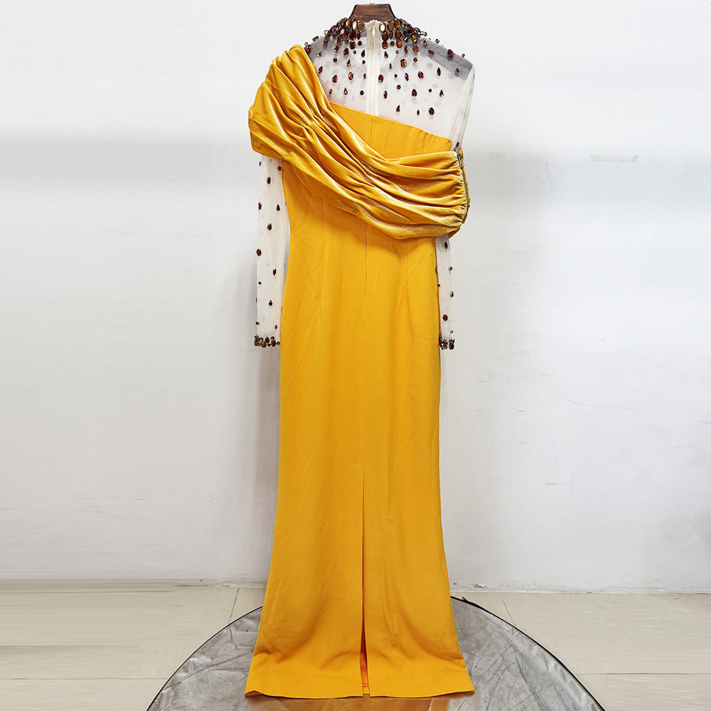 Mesh-paneled beaded rhinestone-embellished maxi dress - yellow