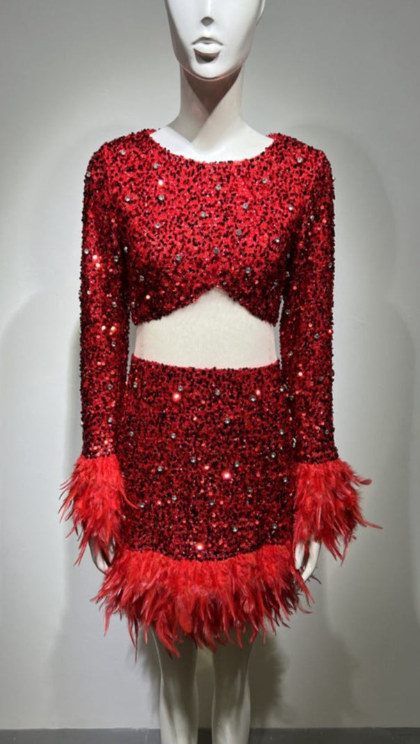 AIIZIE LONG SLEEVE PATCHWORK SEQUIN DRESS IN RED - product image