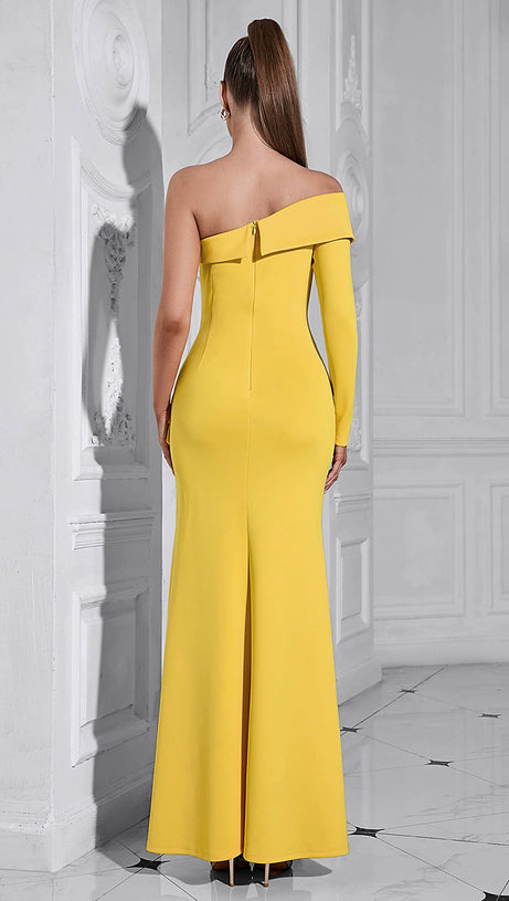 BROOK OFF-SHOULDER BODYCON MIDI DRESS IN YELLOW