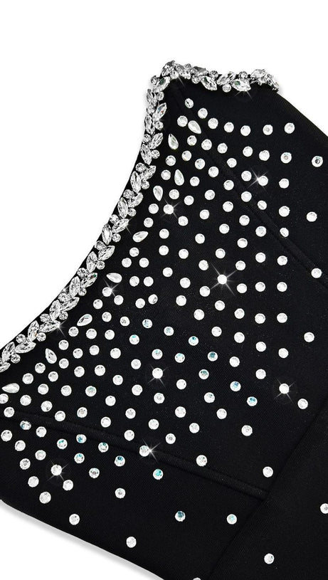 MINI ABITO CORTO CON BENDAGGI E STRASS NERO