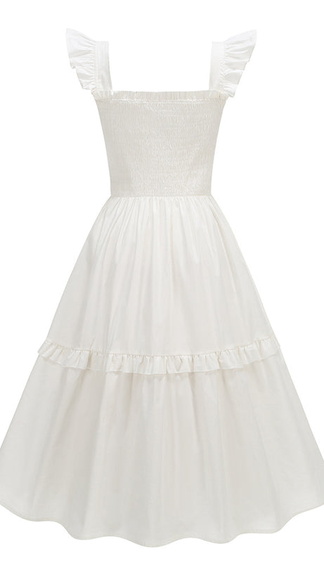 Weißes Midikleid mit Blumenmuster und Rüschen und quadratischem Ausschnitt 