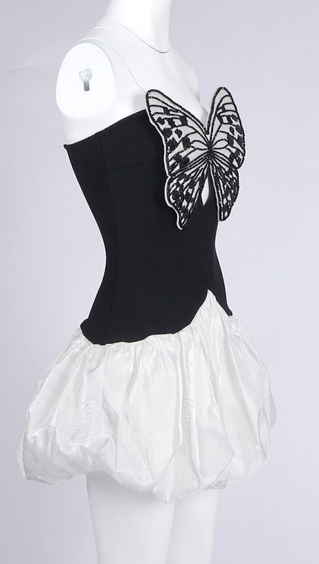 BUTTERFLY EMBROIDERED BODICE PUFFBALL MINI DRESS IN BLACK