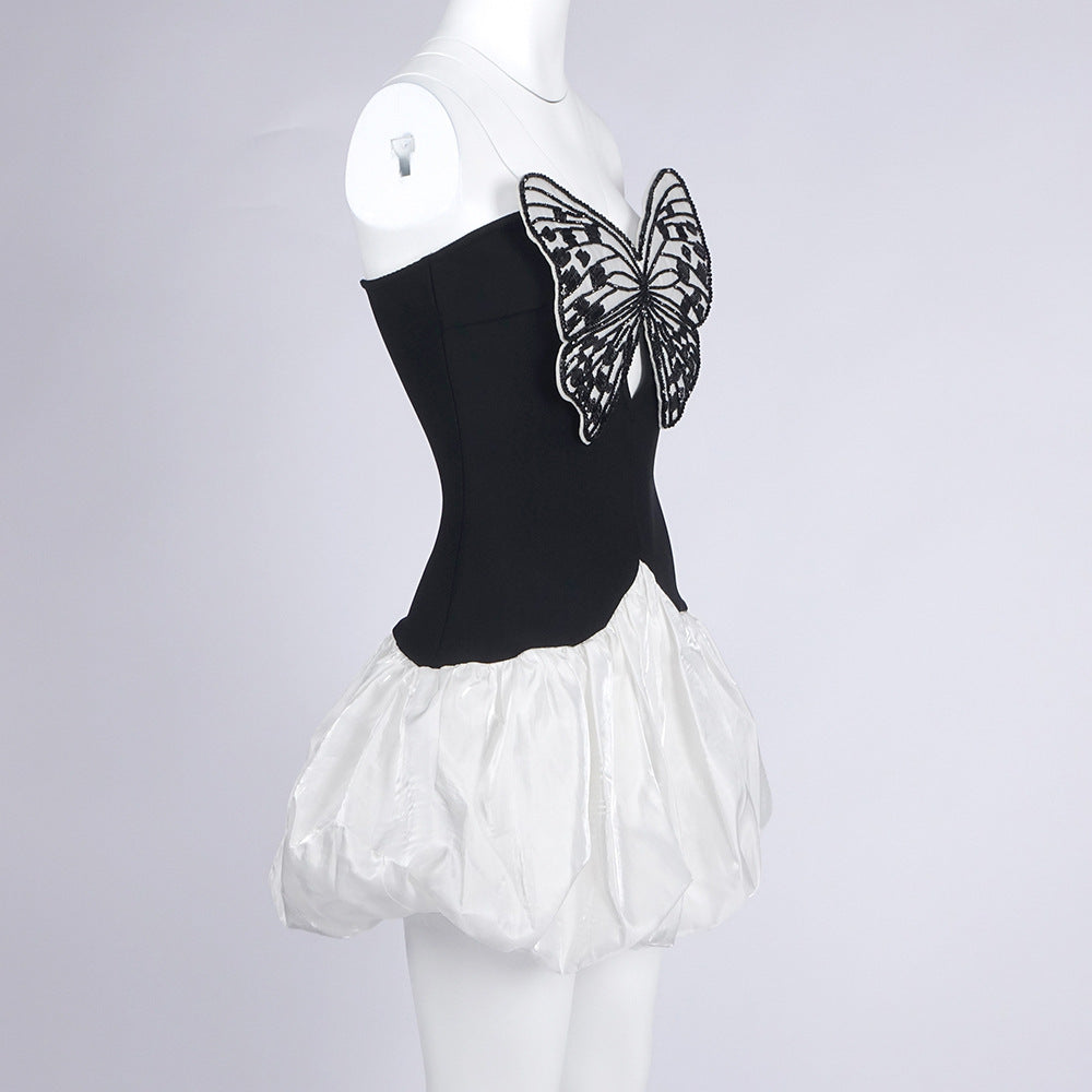 AIIZIE BUTTERFLY EMBROIDERED BODICE PUFFBALL MINI DRESS IN BLACK - product image