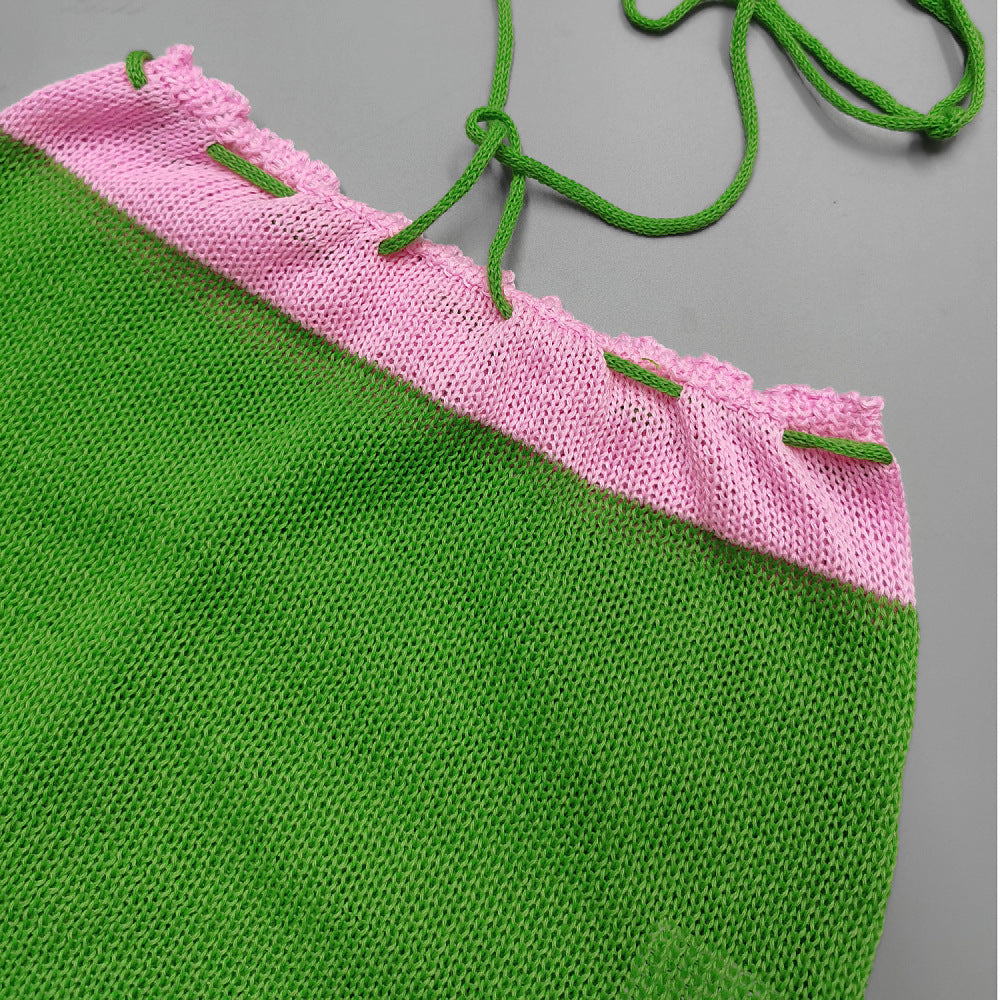 AIIZIE GREEN COLOR - BLOCKED PEARL HALTER KNITTED SET - product image