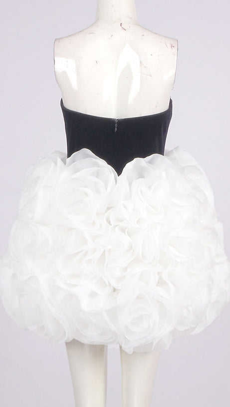 TINA WHITE 3D FLOWERS STRAPLESS BLACK MINI DRESS