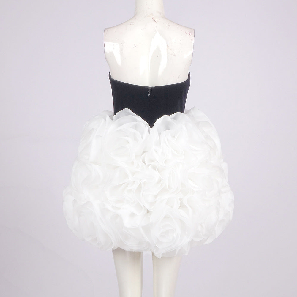AIIZIE TINA WHITE 3D FLOWERS STRAPLESS BLACK MINI DRESS - product image