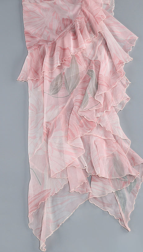 ARES FLORAL-PRINT RUFFLED SILK MIDI DRESS IN PINK