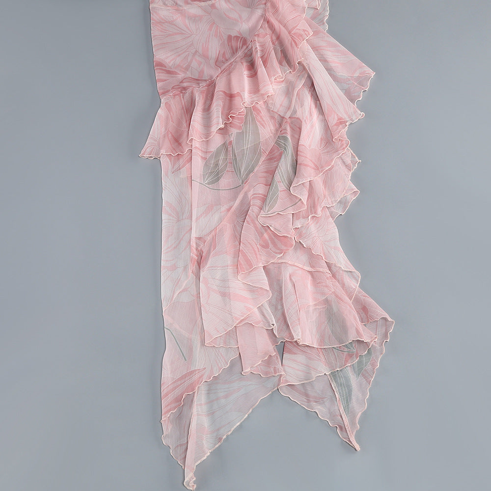 Ares – Gerüschtes Midikleid aus Seide mit Blumenmuster in Rosa