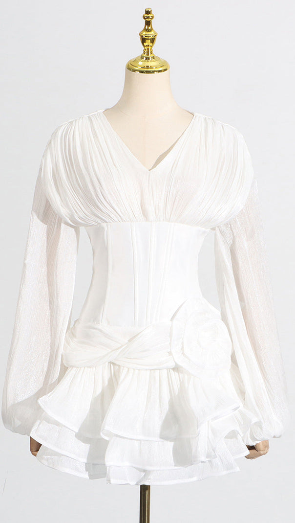 AIIZIE WALLIS 3D FLOWER RUFFLE TRIM MINI DRESS IN WHITE - product image
