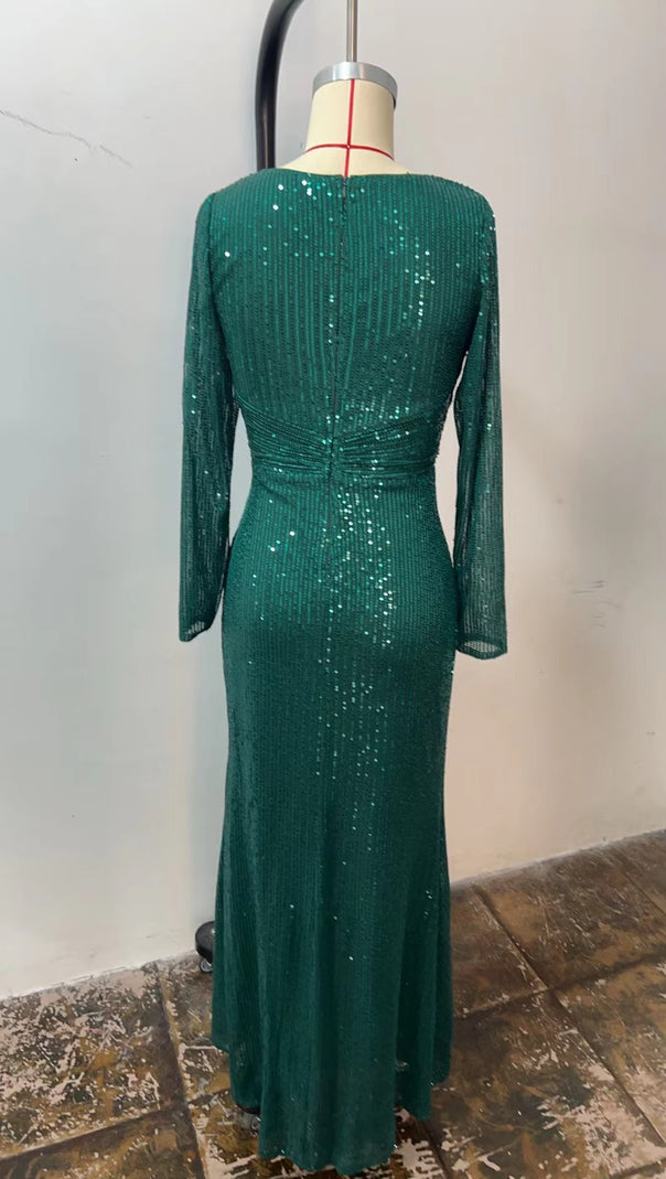 AIIZIE GREEN SEQUINNED LONG - SLEEVED V - NECK MAXI DRESS - product image