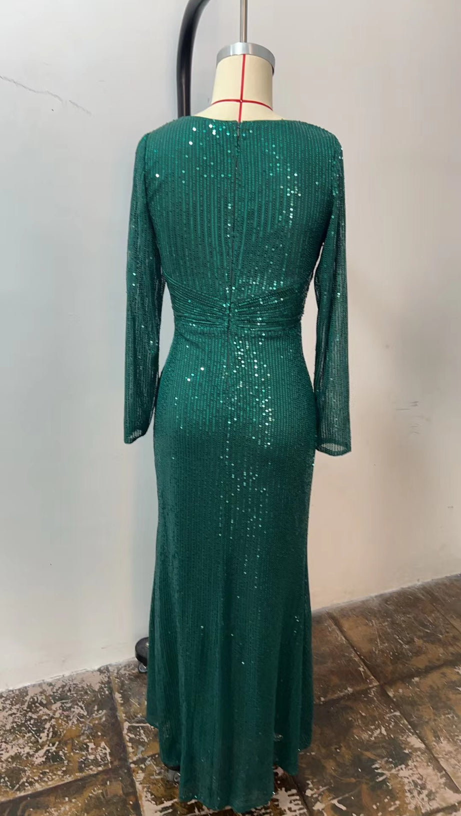 GREEN SEQUINNED LONG - SLEEVED V - NECK MAXI DRESS