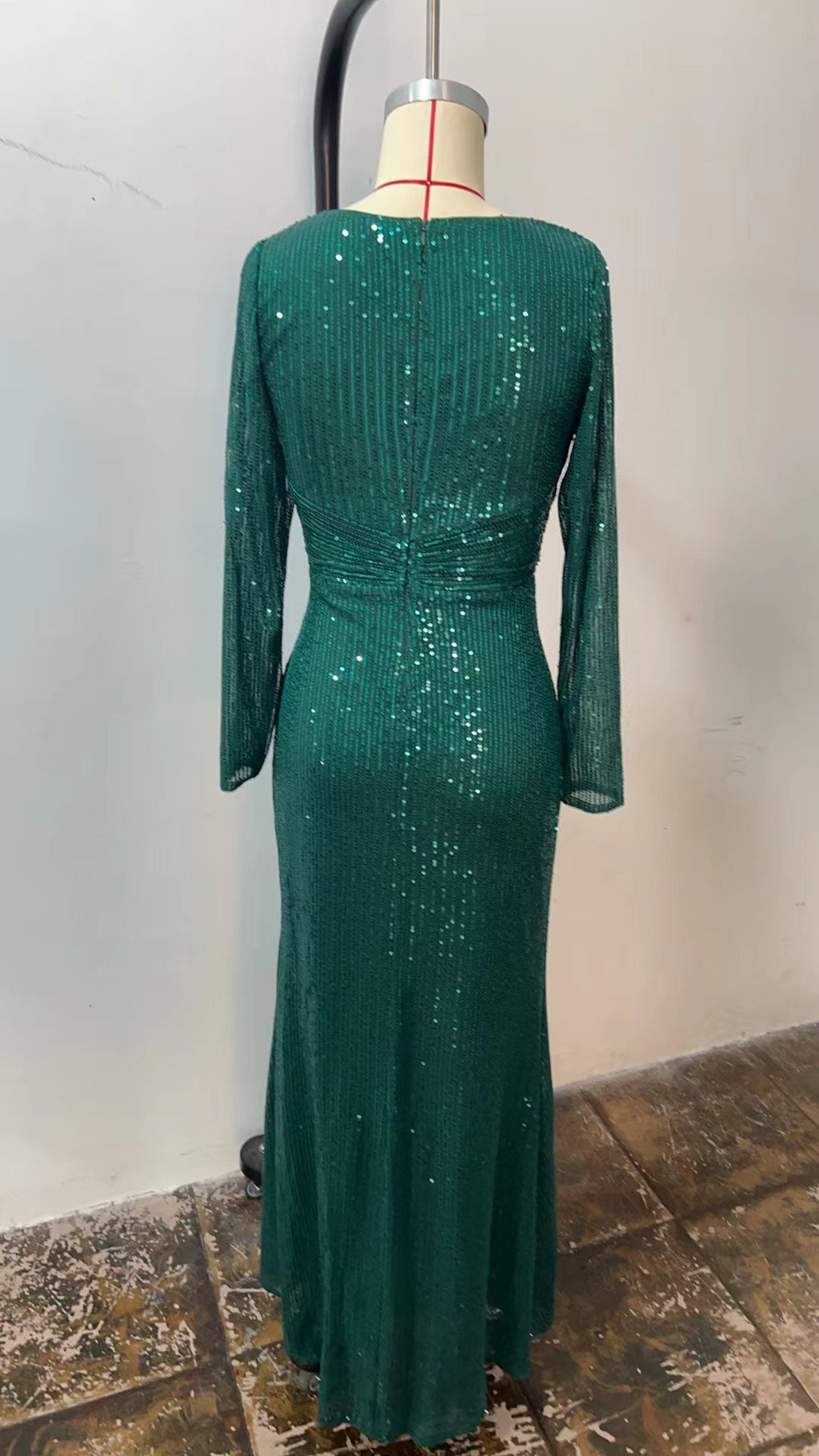 GREEN SEQUINNED LONG - SLEEVED V - NECK MAXI DRESS