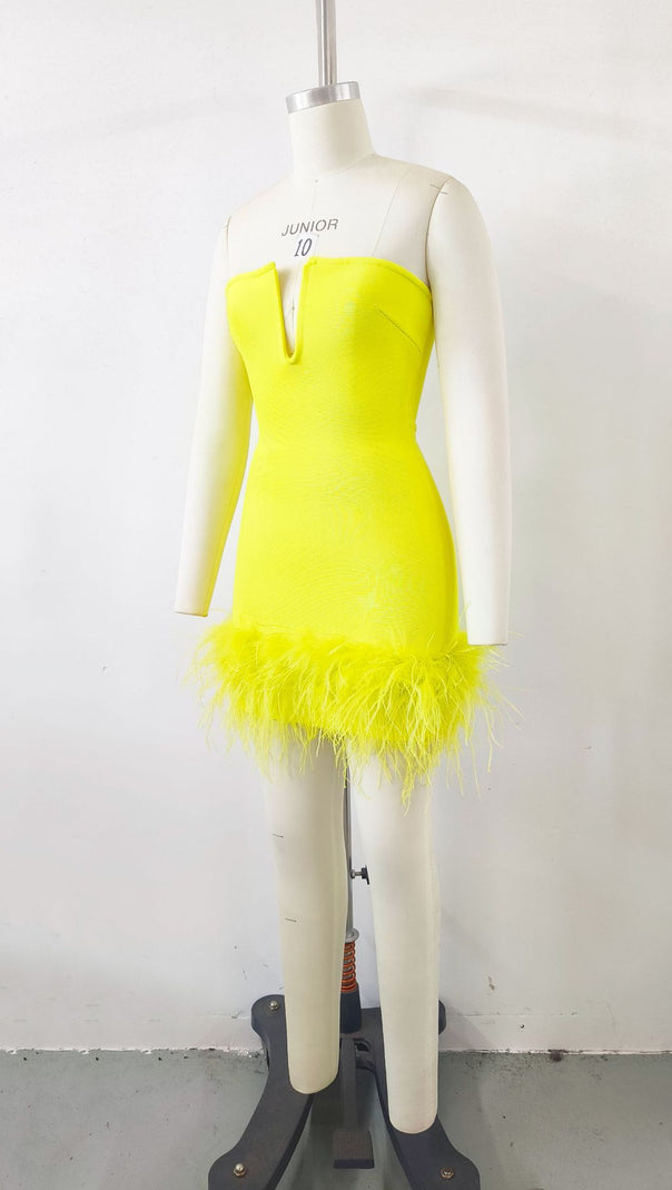 AIIZIE DEEP V TUBE TOP OSTRICH FEATHER HIP-WRAPPED MINI DRESS YELLOW - product image