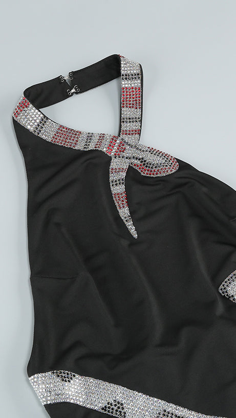 SNAKE STRAP CRYSTAL MAXI DRESS BLACK