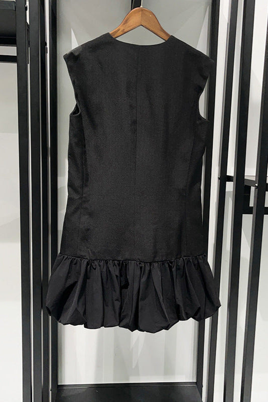 BUTTON FRONT BUBBLE HEM MINI DRESS IN BLACK