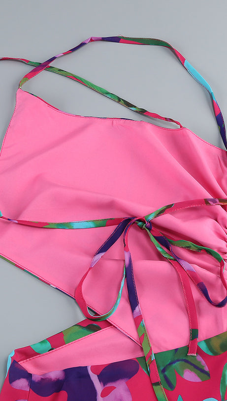 Lila bedrucktes Midikleid mit offenem Rückenschlitz und ausgehöhlter Vorderseite