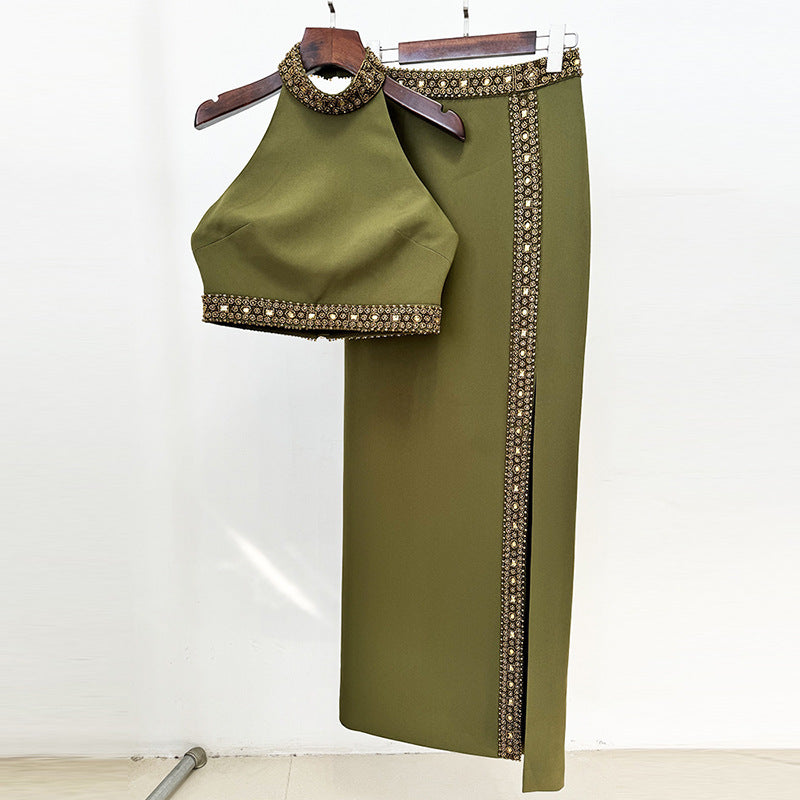 BEADED DIAMOND HALTER TOP SLIT SKIRT SUIT IN GREEN